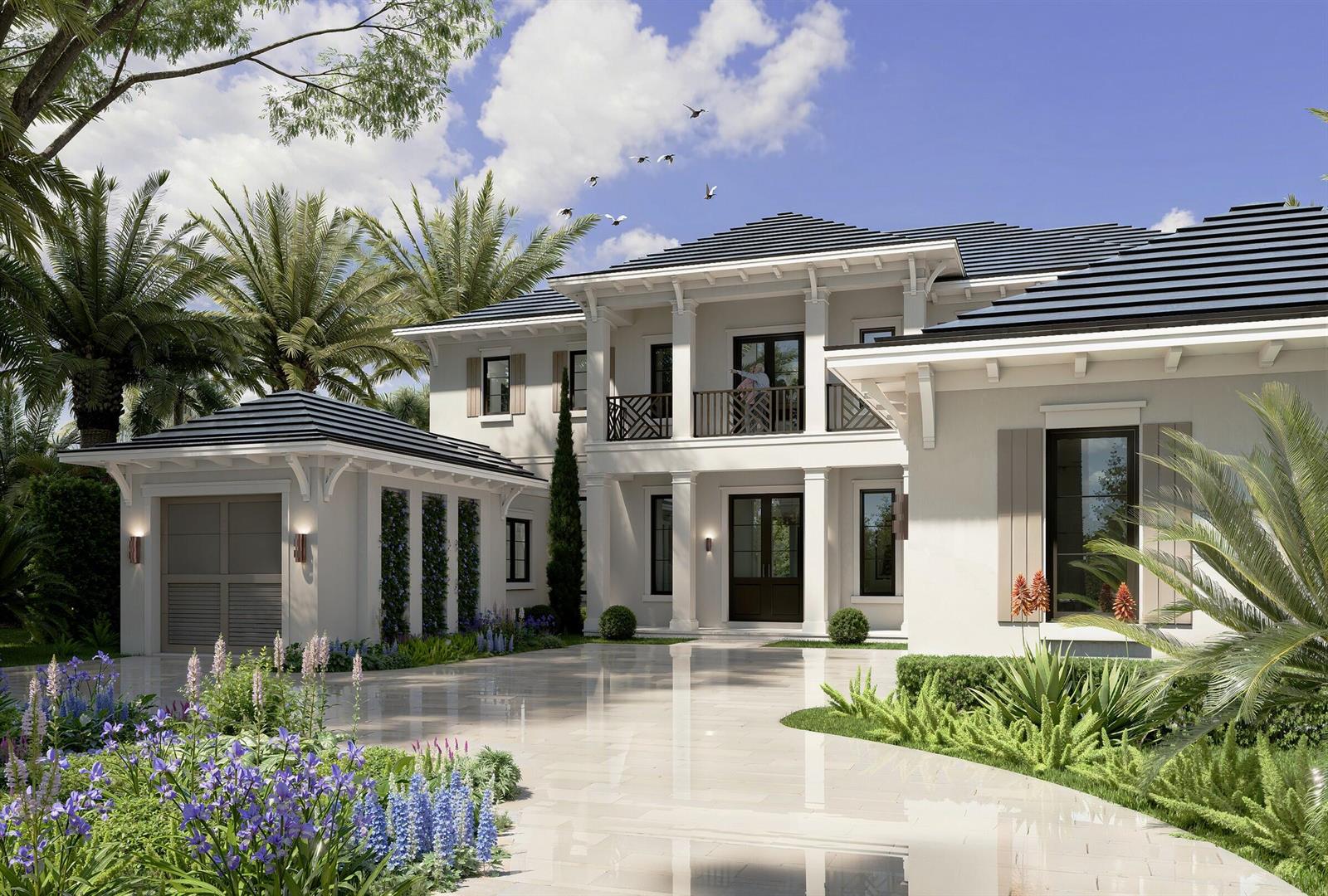 This is a digital rendering of a two-story house with a balcony and attached garage — 601 NE Spanish Trail, Boca Raton FL 33432, BOCA RATON, FL