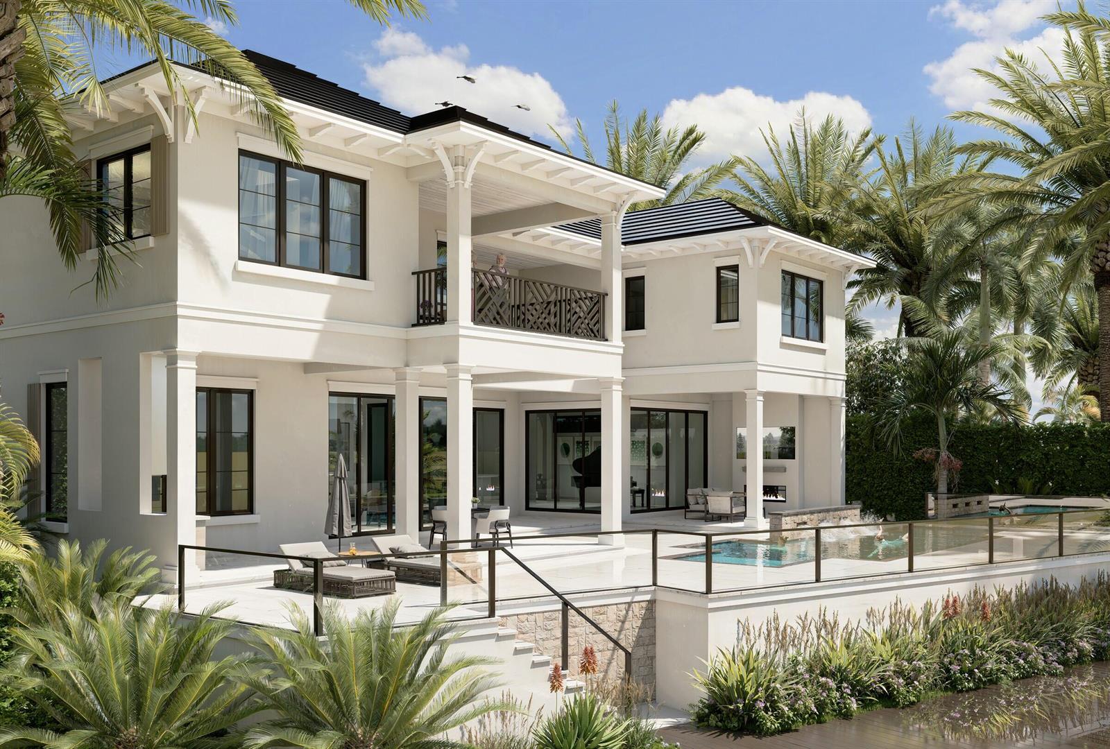 This architectural rendering shows the exterior of a two-story house with a pool and patio — 601 NE Spanish Trail, Boca Raton FL 33432, BOCA RATON, FL
