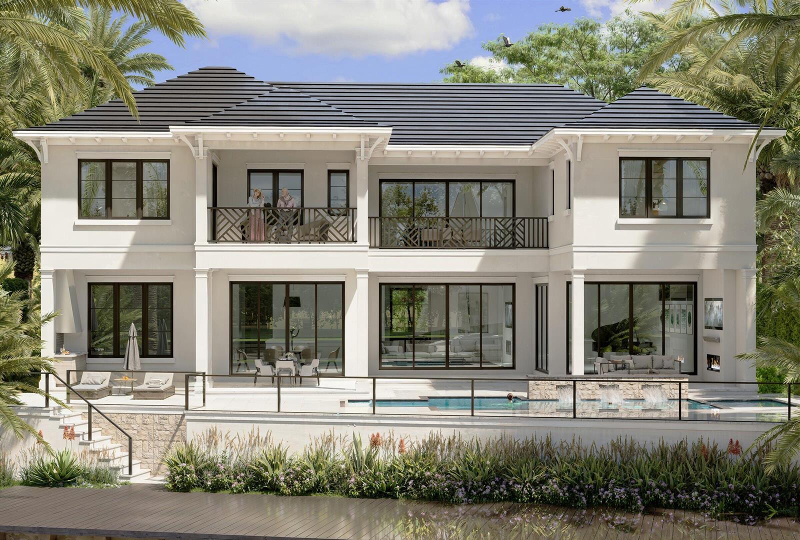 This architectural rendering shows the rear exterior of a two-story house with a swimming pool — 601 NE Spanish Trail, Boca Raton FL 33432, BOCA RATON, FL
