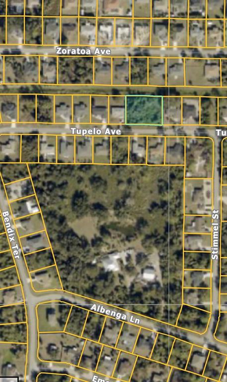 This is a map showing a vacant lot highlighted in green along Tupelo Avenue — Lot 17 & 18 TUPELO AVENUE, NORTH PORT, FL