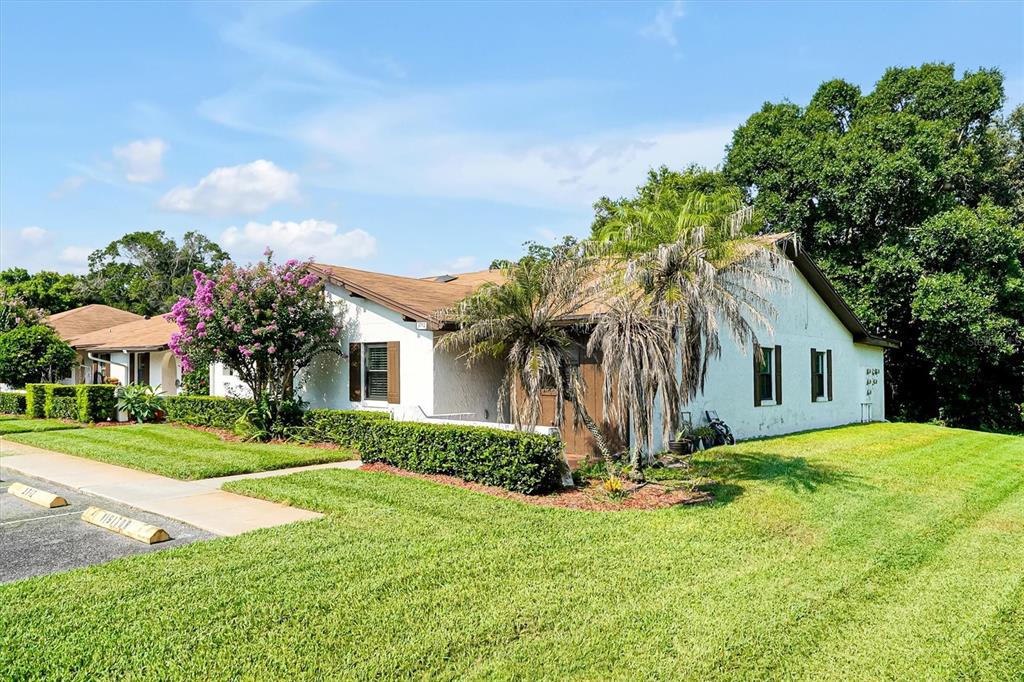 A single-story white stucco building with a brown roof, palm trees, and manicured landscaping — 3712 BAY COURT, ST CLOUD, FL