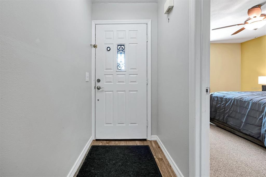 An entryway with a white front door and wood-look flooring leads into a carpeted bedroom — 3712 BAY COURT, ST CLOUD, FL