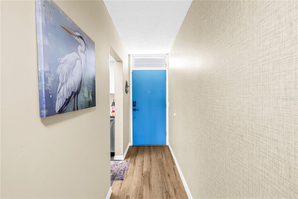 A hallway features wood-look flooring, a blue front door, and a bird painting on the wall — 1868 SHORE DRIVE S UNIT 212, SOUTH PASADENA, FL