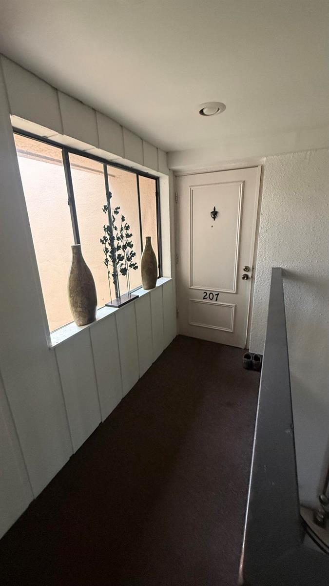 A hallway with brown carpet leads to a white door labeled 207 beside a window — 6464 Pumpkin Seed Circle, Boca Raton FL 33433, BOCA RATON, FL