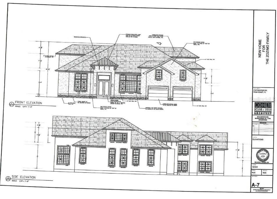 This architectural rendering shows the front and side elevations of a two-story residential home — 176 FRONTIER DRIVE, PALM COAST, FL