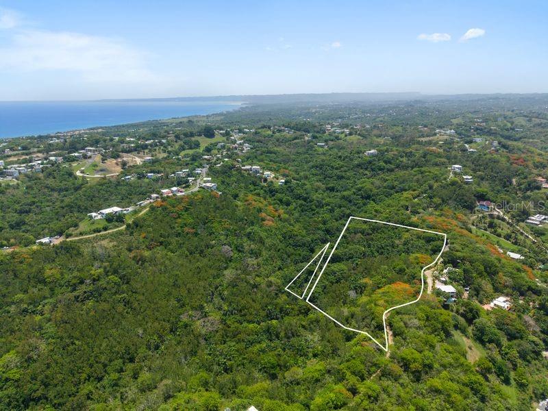 An aerial view shows a large, undeveloped plot of land outlined in white amidst forest — SR-413 SR 413, KM 1.7 INT. ENSENADA WARD, RINCON, PR