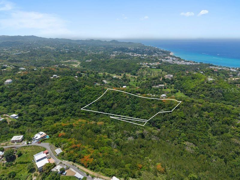 An aerial view shows a large, undeveloped plot of land outlined in white amidst greenery — SR-413 SR 413, KM 1.7 INT. ENSENADA WARD, RINCON, PR