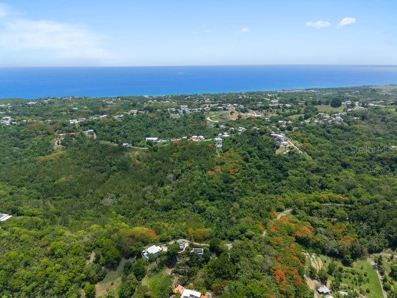 An aerial view shows a lush, hilly landscape overlooking the ocean with scattered residential houses — SR-413 SR 413, KM 1.7 INT. ENSENADA WARD, RINCON, PR