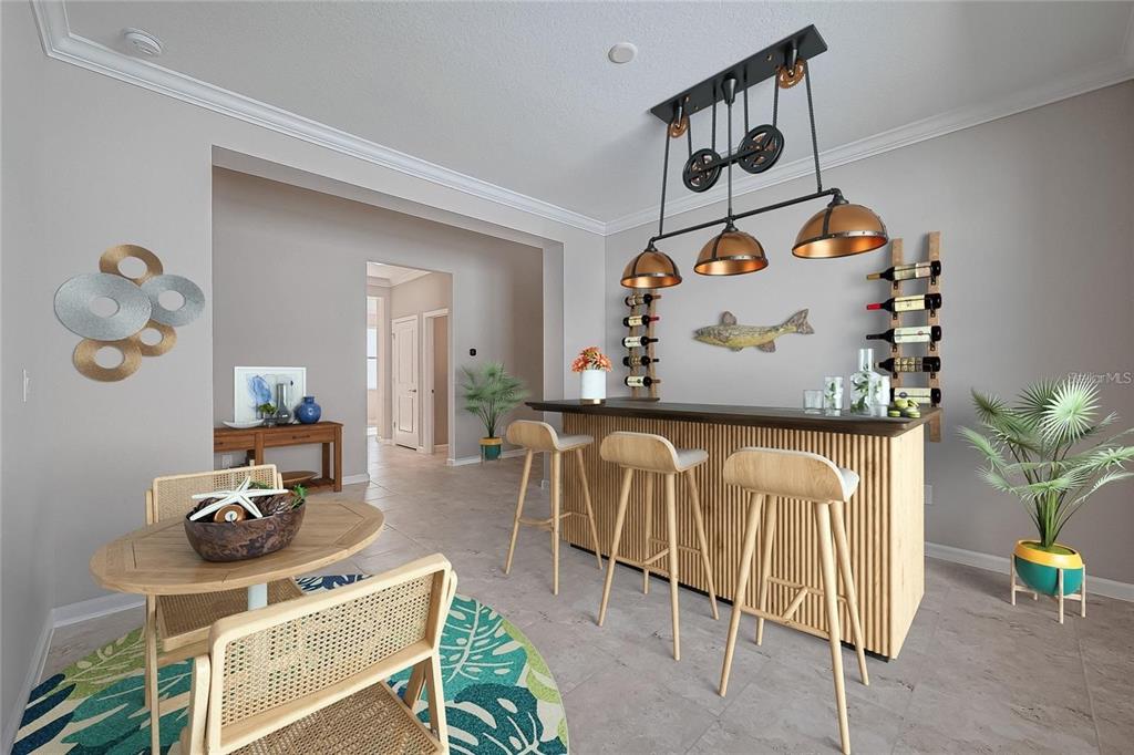 A home bar area features a wooden counter, three stools, and a pulley-style pendant light — 306 HANG LOOSE WAY, DAYTONA BEACH, FL