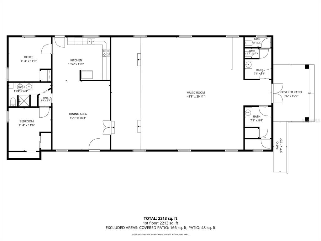 This floor plan shows a home with a large music room, kitchen, bedroom, and multiple bathrooms — 101 SESAME STREET, PALATKA, FL