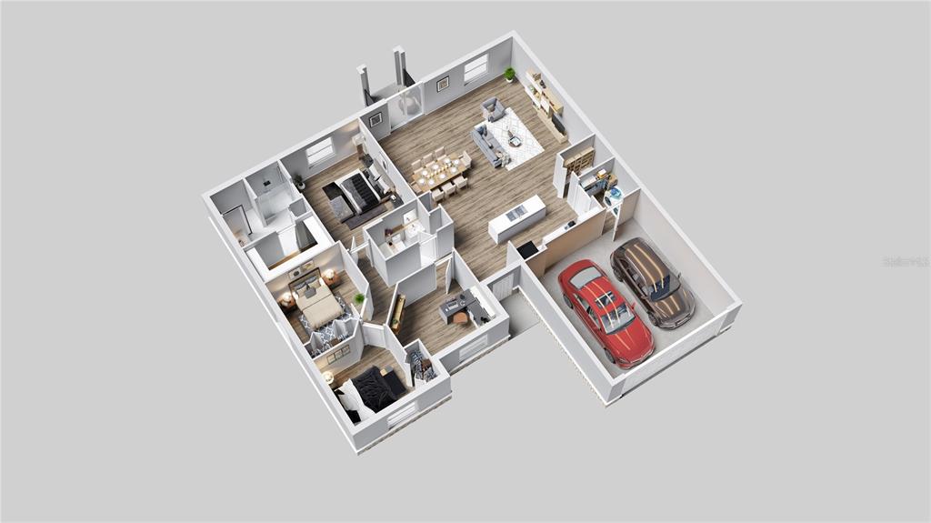 This is a 3D floor plan rendering of a single-story home with a two-car garage — 1917 TRAPPER AVENUE SE, PALM BAY, FL