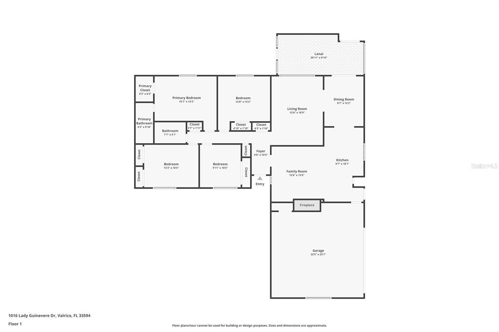 This is a floor plan showing the layout of a single-story residential home — 1016 LADY GUINEVERE DRIVE, VALRICO, FL
