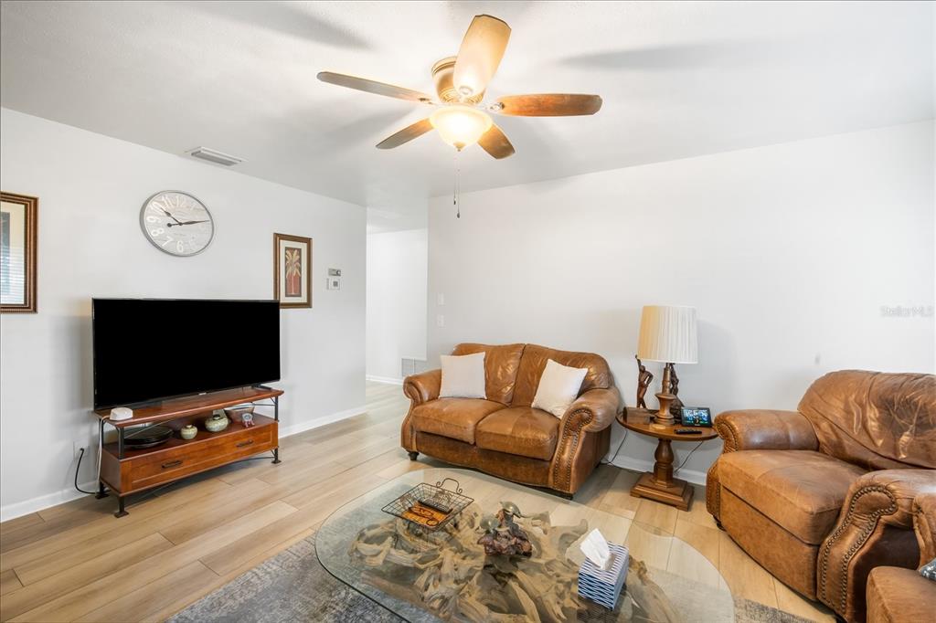 A living room features a leather loveseat, a leather armchair, a television, and wood-look flooring — 1016 LADY GUINEVERE DRIVE, VALRICO, FL