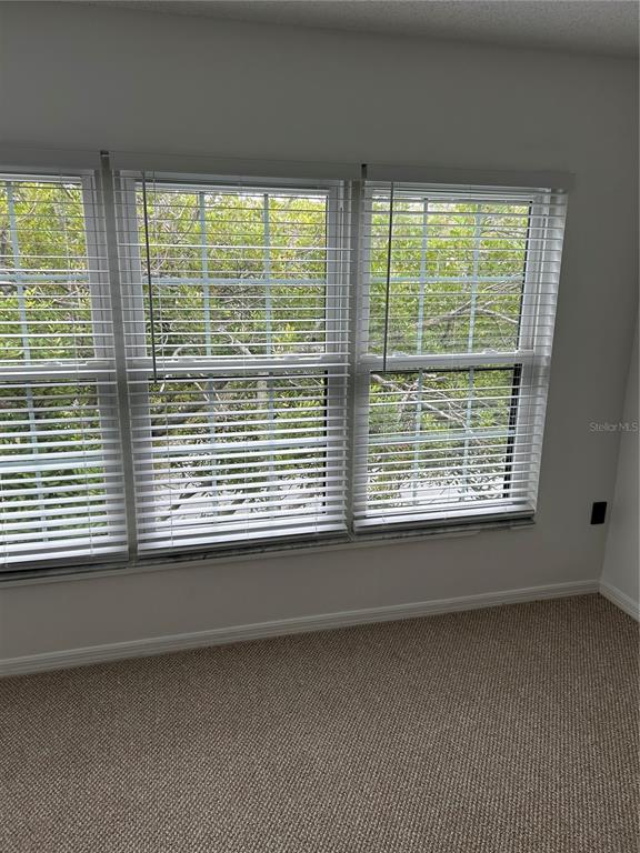 A room with beige carpet and three windows featuring white horizontal blinds overlooking trees — 2462 KINGFISHER LANE UNIT J203, CLEARWATER, FL