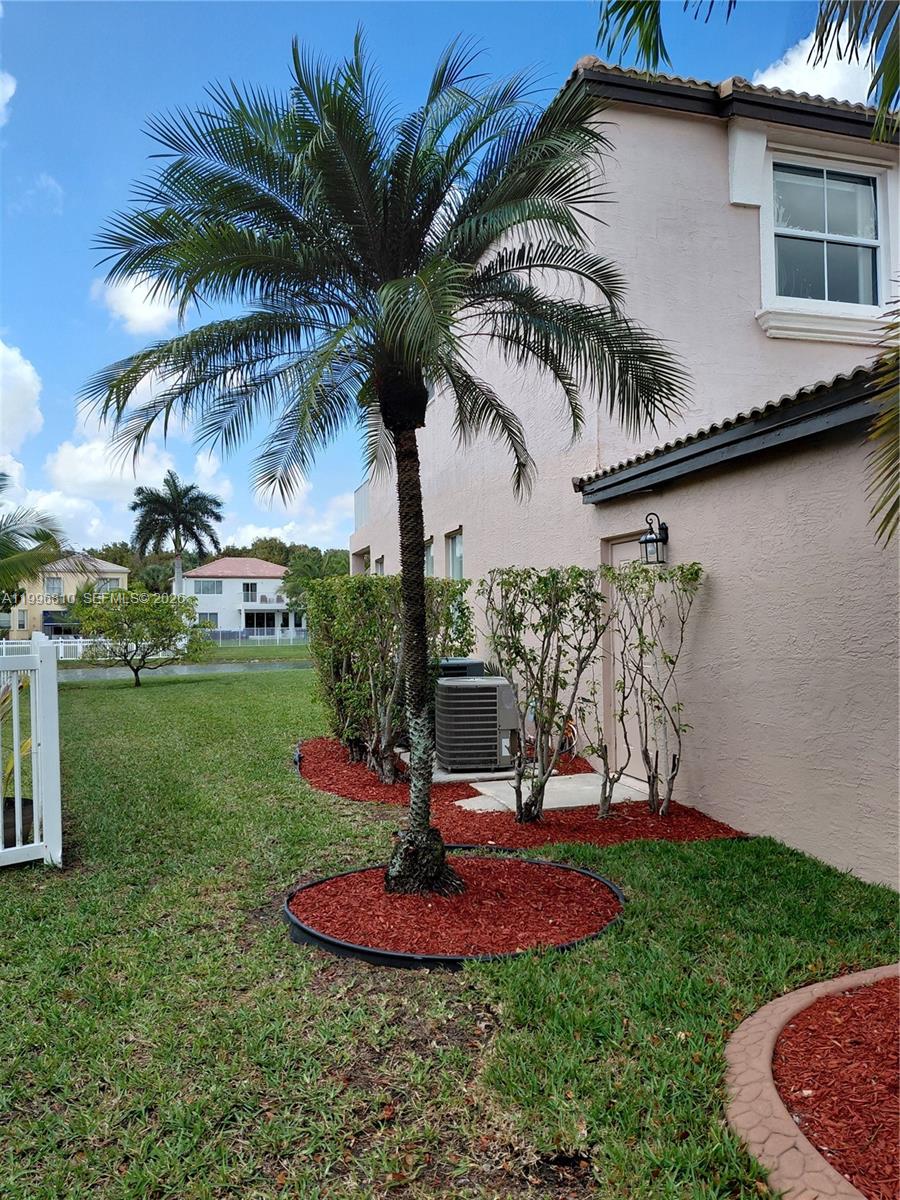 A palm tree stands in a mulched bed next to a beige house exterior — 16863 SW 50th St, Miramar FL 33027, MIRAMAR, FL