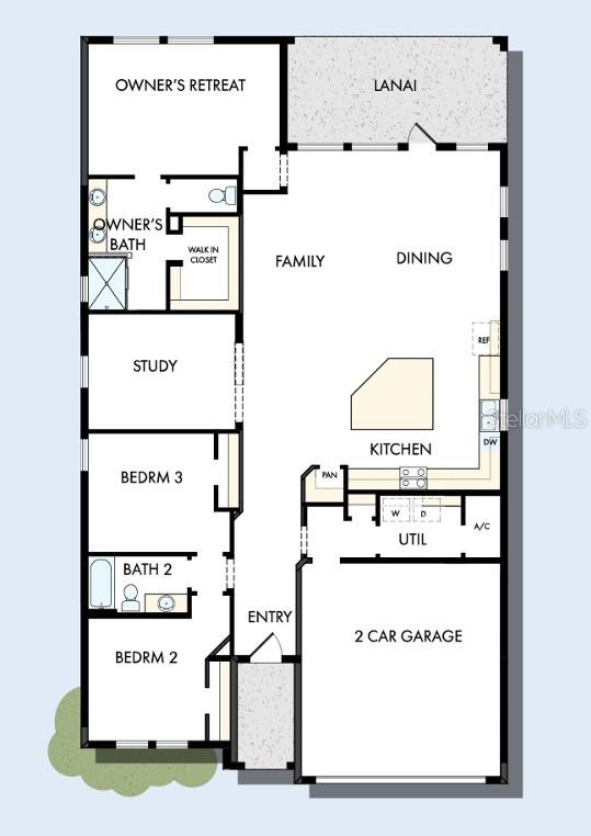 This floor plan shows a single-story home with three bedrooms, a study, and a garage — 5033 ORINOCO LANE, ST CLOUD, FL