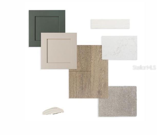 This is a digital design board showing samples of cabinet colors, wood flooring, countertop, and carpet — 5033 ORINOCO LANE, ST CLOUD, FL