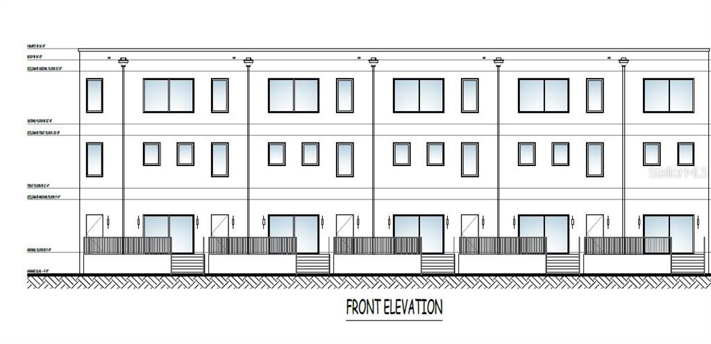 This is an architectural rendering of the front elevation of a four-unit townhouse building — 6719 S WEST SHORE BOULEVARD, TAMPA, FL