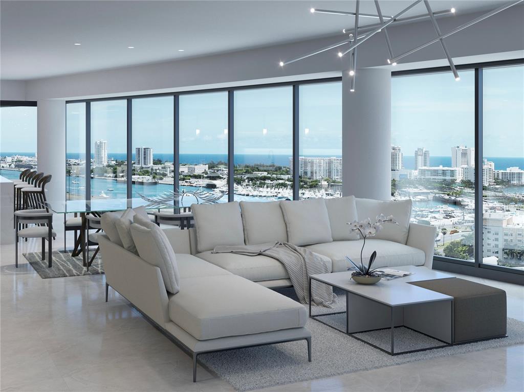 This rendering shows a modern living room with a sectional sofa, coffee table, and floor-to-ceiling windows — 611 BALDORIOTY DE CASTRO BOULEVARD UNIT 1102, SAN JUAN, PR