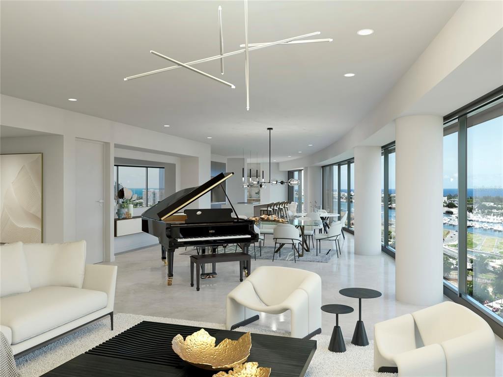 This rendering shows a modern open-concept living area with a grand piano and floor-to-ceiling windows — 611 BALDORIOTY DE CASTRO BOULEVARD UNIT 1102, SAN JUAN, PR