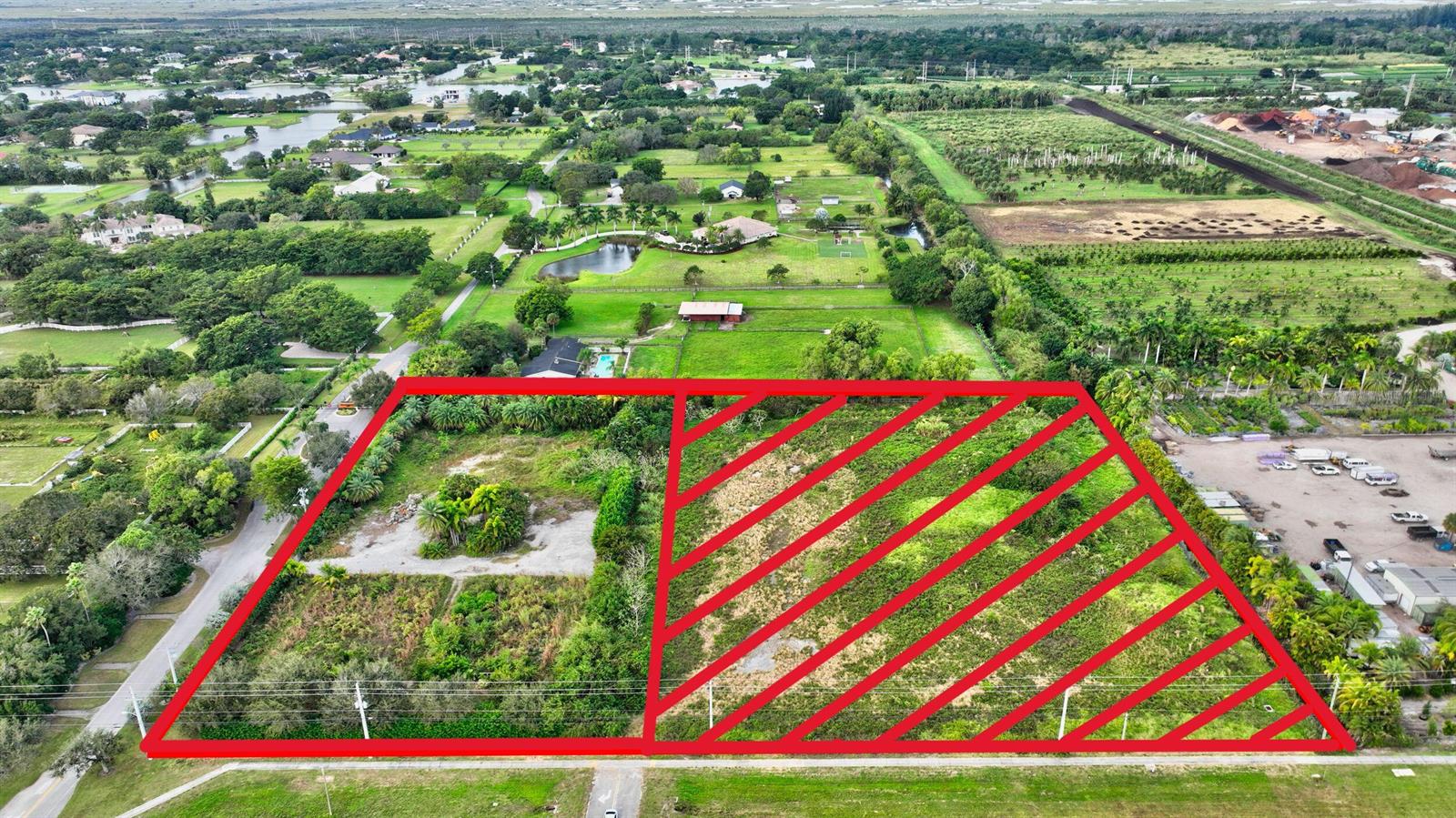 An aerial view shows two adjacent rectangular plots of land outlined in red — 10069 La Reina Road, Delray Beach FL 33446, DELRAY BEACH, FL