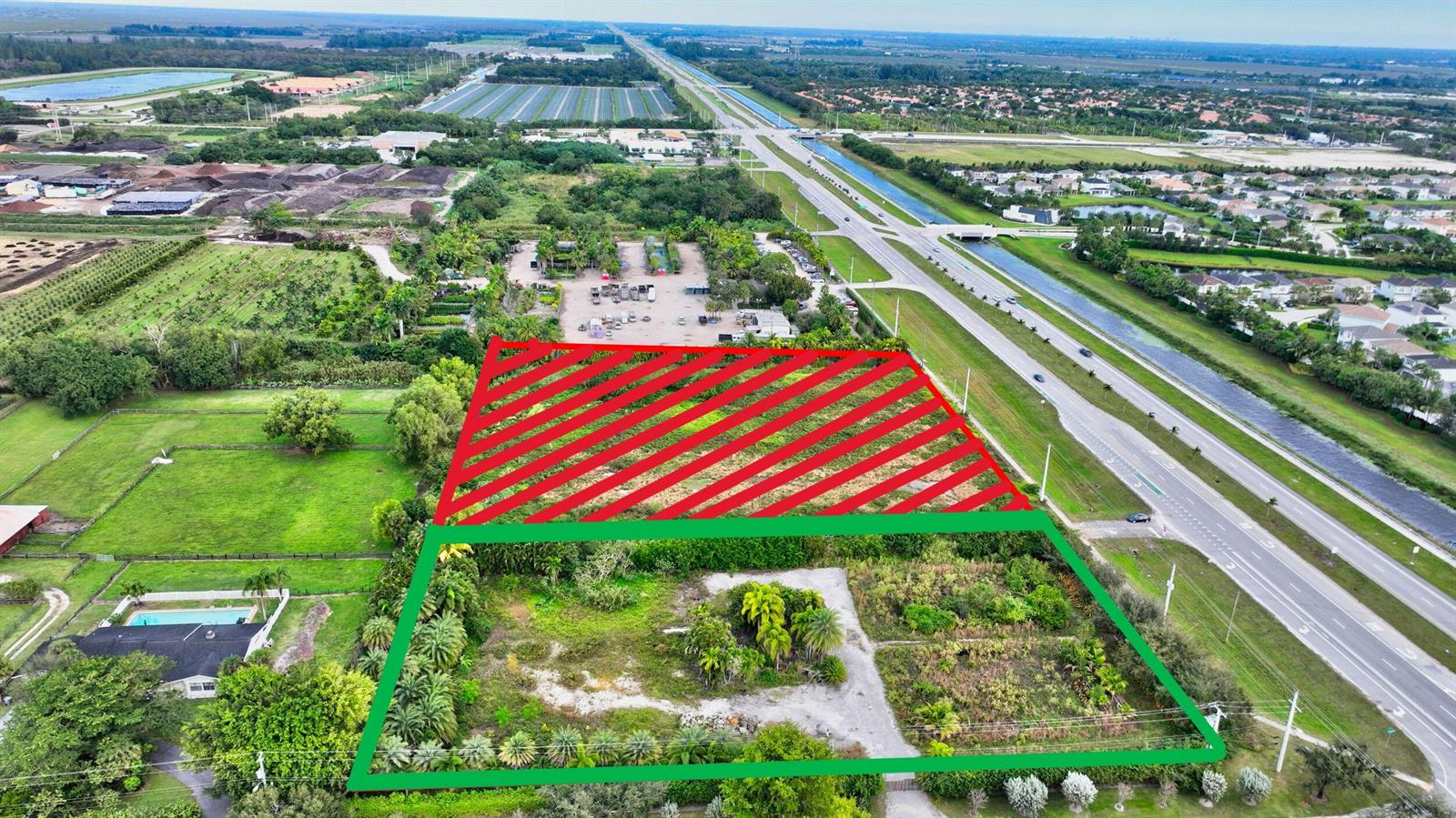 An aerial view shows a rectangular plot of land highlighted in green and red — 10069 La Reina Road, Delray Beach FL 33446, DELRAY BEACH, FL