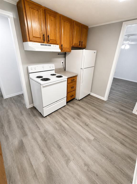 A kitchen features wood cabinets, a white stove, a white refrigerator, and gray wood-look flooring — 420-420 MILLS STREET UNIT 32, LEESBURG, FL