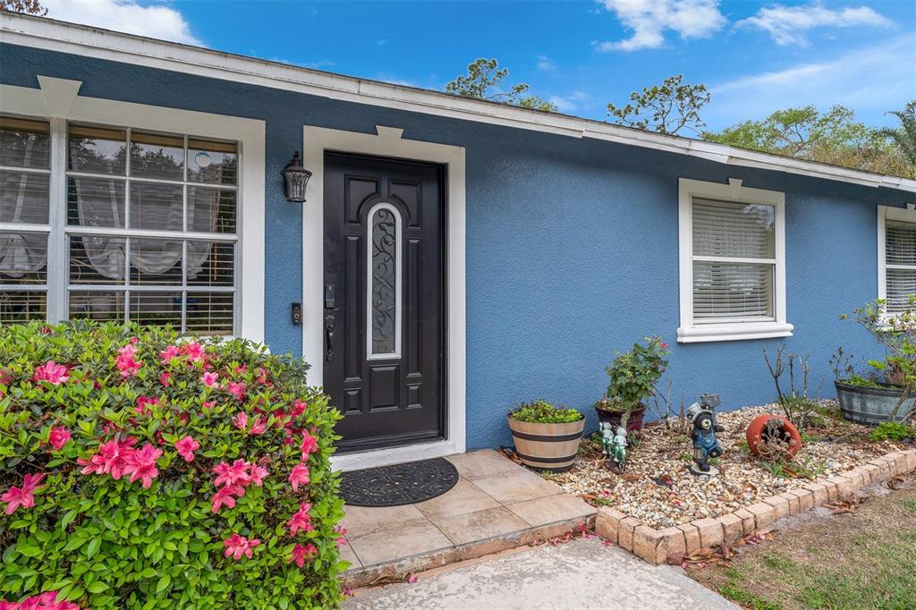 A blue house exterior features a dark front door with a decorative glass insert — 8509 LYONIA DRIVE, ORLANDO, FL