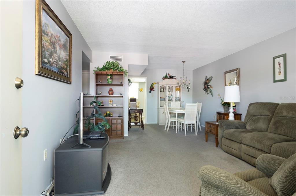 A living room and dining area with carpeted floors, a television console, and a hutch — 8101 11TH STREET N UNIT 319, ST PETERSBURG, FL