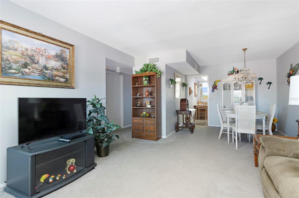 A living and dining area features a brown reclining sofa, white dining set, and carpet — 8101 11TH STREET N UNIT 319, ST PETERSBURG, FL
