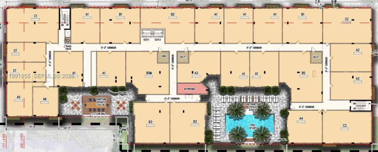 This is a floor plan showing a multi-unit residential building with a pool and courtyard — 2828 SW 37th Ave, Miami FL 33133, MIAMI, FL