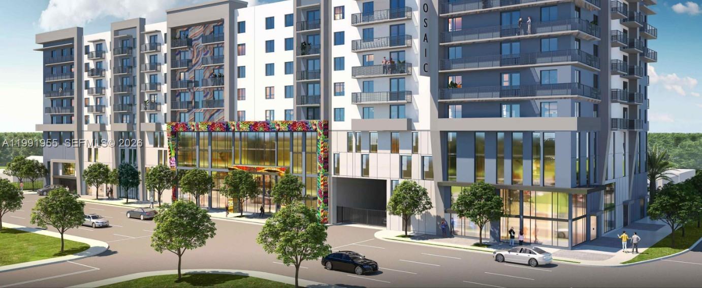 A digital rendering of a modern multi-story apartment building with a colorful mural facade — 2828 SW 37th Ave, Miami FL 33133, MIAMI, FL