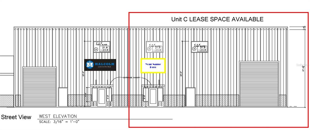 This architectural rendering shows the west elevation of a commercial building with available lease space — 2345 SUCCESS DRIVE UNIT C, ODESSA, FL