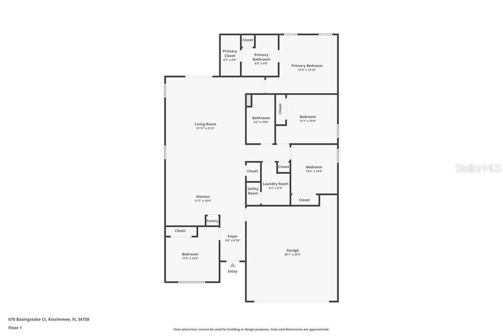 This is a floor plan showing the layout of a single-story residential home — 670 BASINGSTOKE COURT, KISSIMMEE, FL