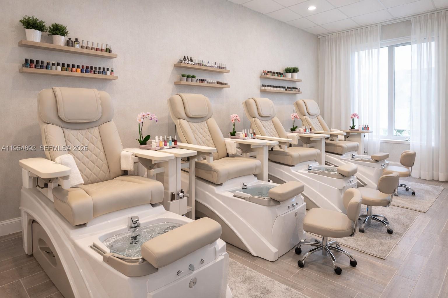 A nail salon features four pedicure chairs with foot basins and wall-mounted polish shelves — Profitable Salon Suite, Deerfield Beach FL 33441, DEERFIELD BEACH, FL
