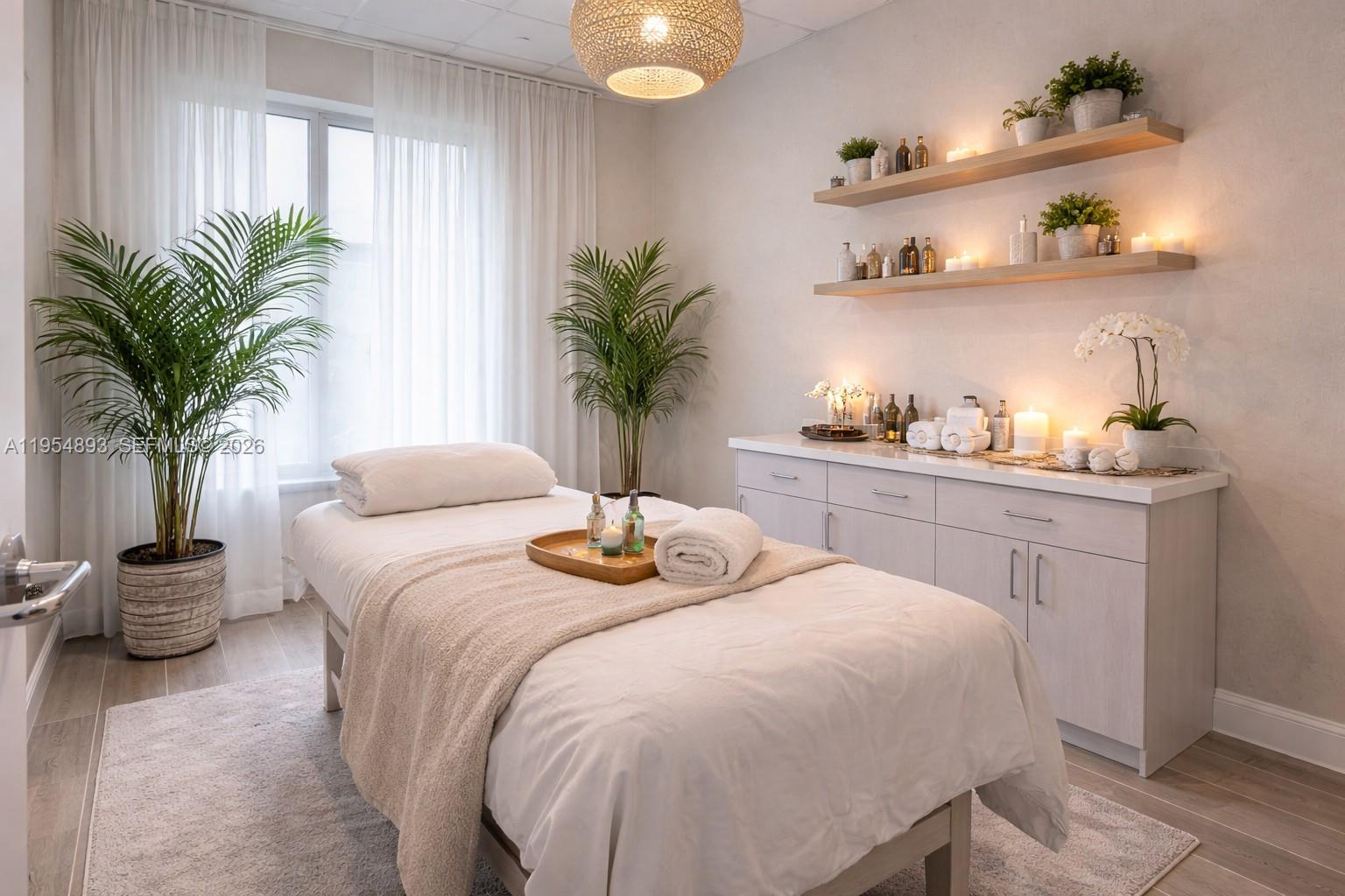 A spa treatment room features a massage table, floating shelves, and potted plants — Profitable Salon Suite, Deerfield Beach FL 33441, DEERFIELD BEACH, FL