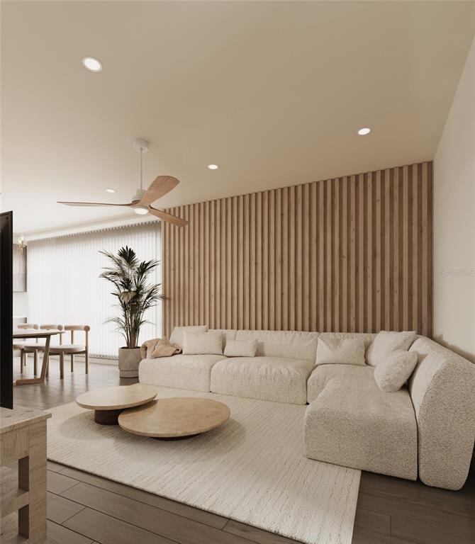 This rendering shows a living room with a slatted wood accent wall and sectional sofa — 2168 9TH AVENUE N UNIT 3, ST PETERSBURG, FL