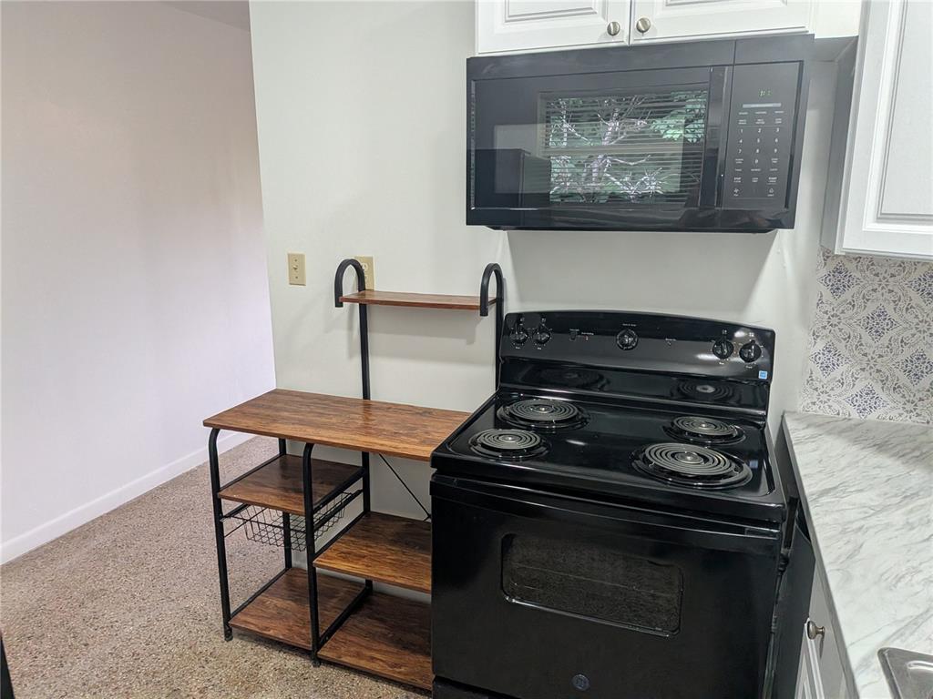 A kitchen features a black electric stove, a microwave, and a wooden storage rack — 2461 44, OCALA, FL