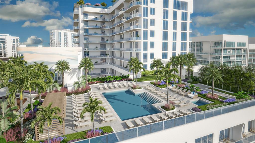 This architectural rendering shows a rooftop swimming pool area with lounge chairs and palm trees — 430 N TAMIAMI TRAIL UNIT 1507, SARASOTA, FL