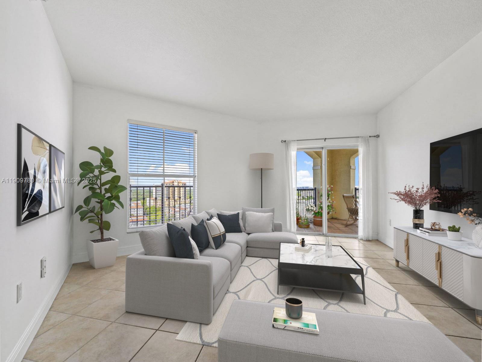 A living room features a gray sectional sofa, a marble coffee table, and a balcony — 1627 SW 37th Ave # 1103, Miami FL 33145, MIAMI, FL