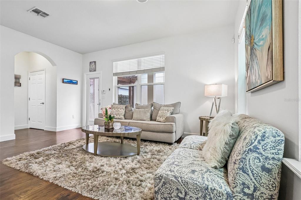 A living room features a beige sofa, a patterned loveseat, and a shaggy area rug — 6412 GOLDEN DEWDROP TRAIL, WINDERMERE, FL