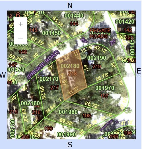 This is a property tax map showing a highlighted parcel of land with dimensions — 218 HORSESHOE BEND, LAKE WALES, FL