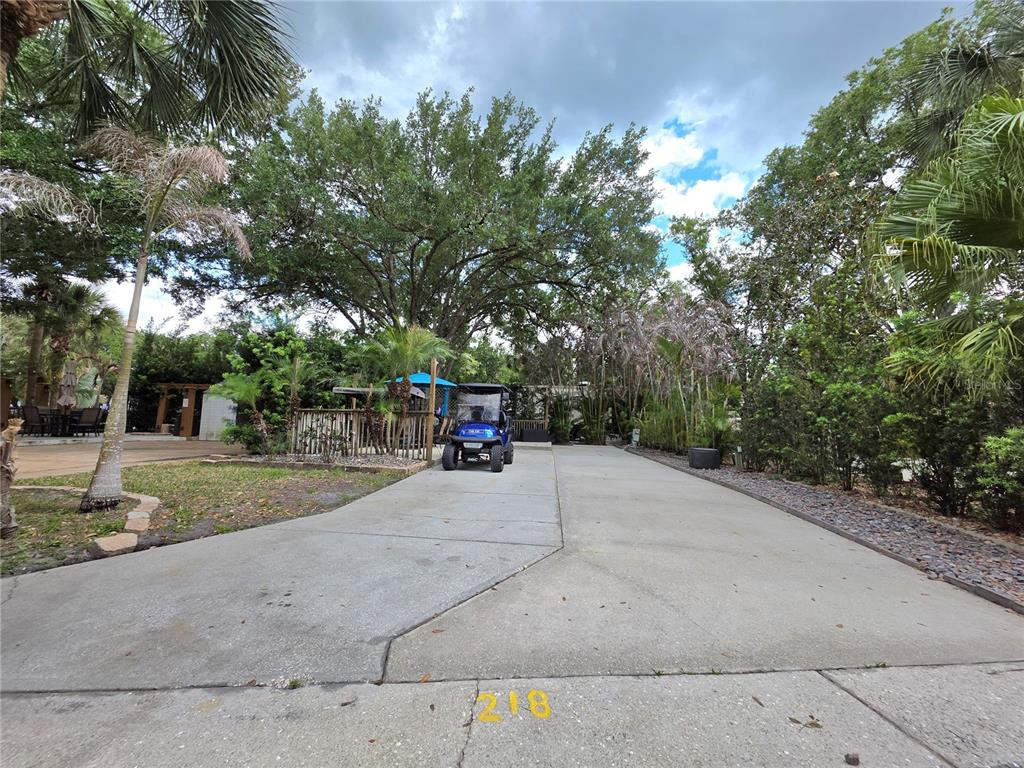 A concrete driveway leads to a golf cart parked in a lush, tree-lined outdoor space — 218 HORSESHOE BEND, LAKE WALES, FL