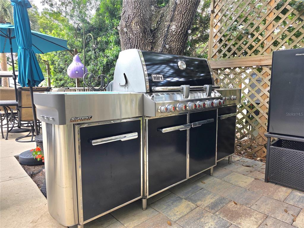 A large stainless steel and black Weber Summit grill sits on a paved outdoor patio — 218 HORSESHOE BEND, LAKE WALES, FL
