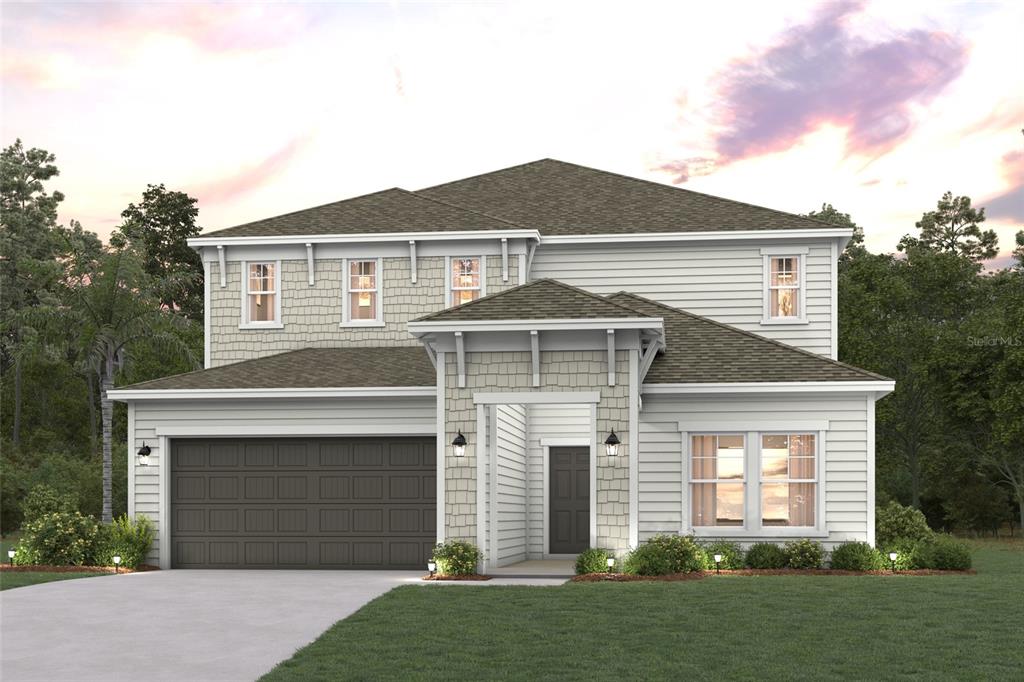 A digital rendering of a two-story suburban house with a garage and light-colored siding — 1329 RIBBON PLACE, PALM COAST, FL
