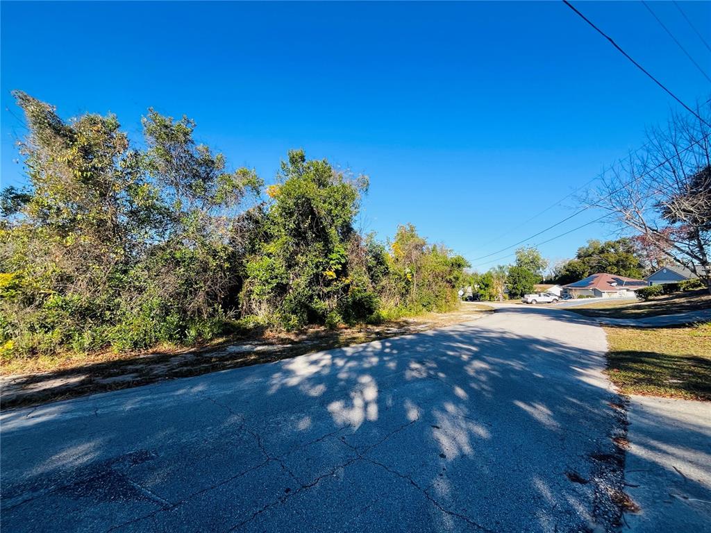 A paved residential street curves past a wooded, undeveloped lot under a clear blue sky — 2106 E GLORIA DRIVE, DELTONA, FL