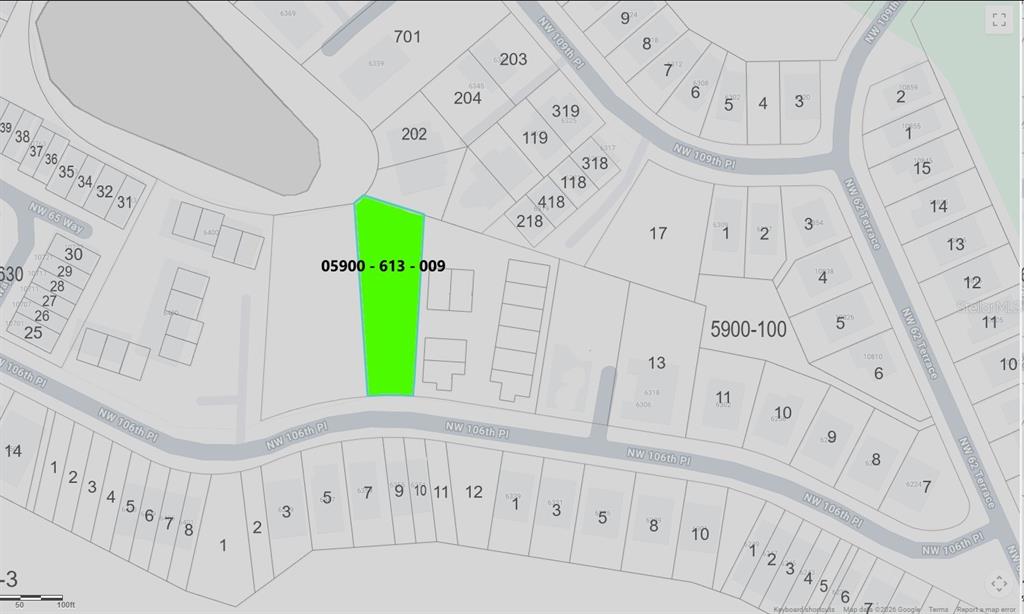 This is a map showing a highlighted parcel of land within a residential neighborhood — 0 NW 106TH PLACE, ALACHUA, FL