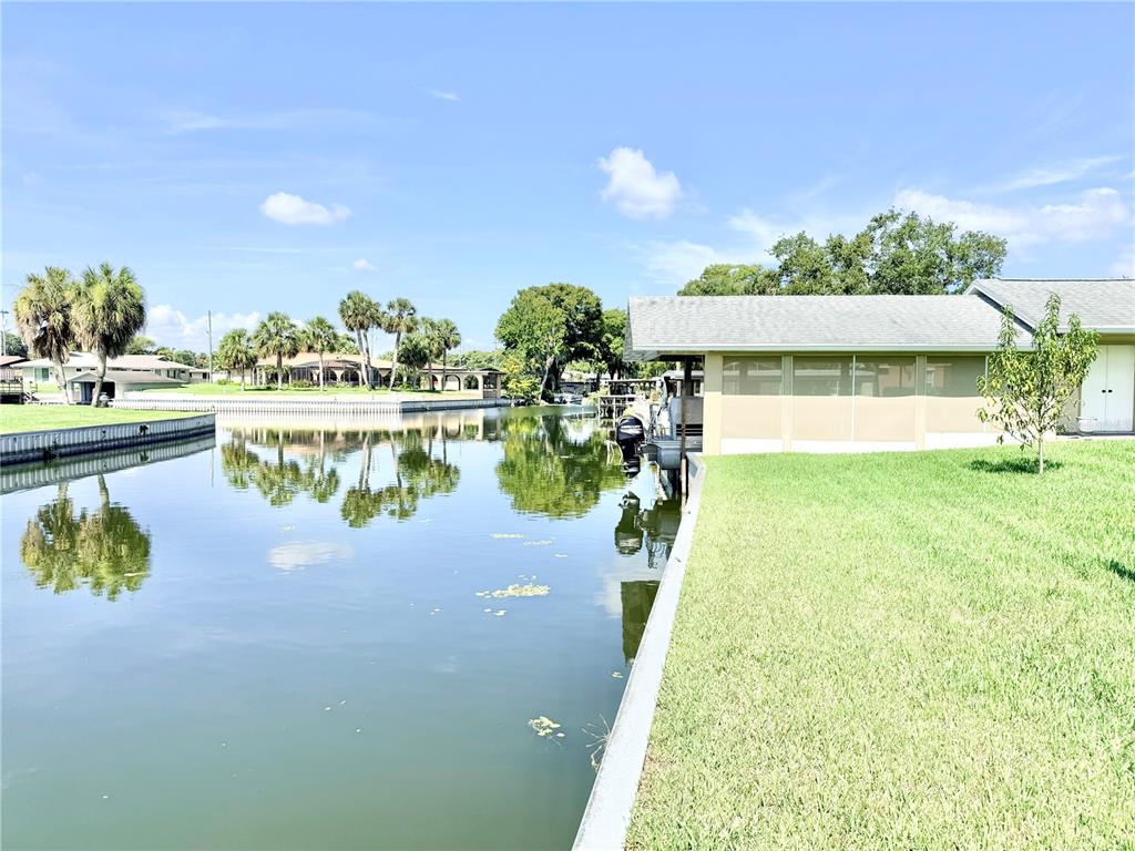 A canal view shows a grassy backyard, a boat lift, and a screened-in patio area — 305 W DELAWARE STREET, TAVARES, FL