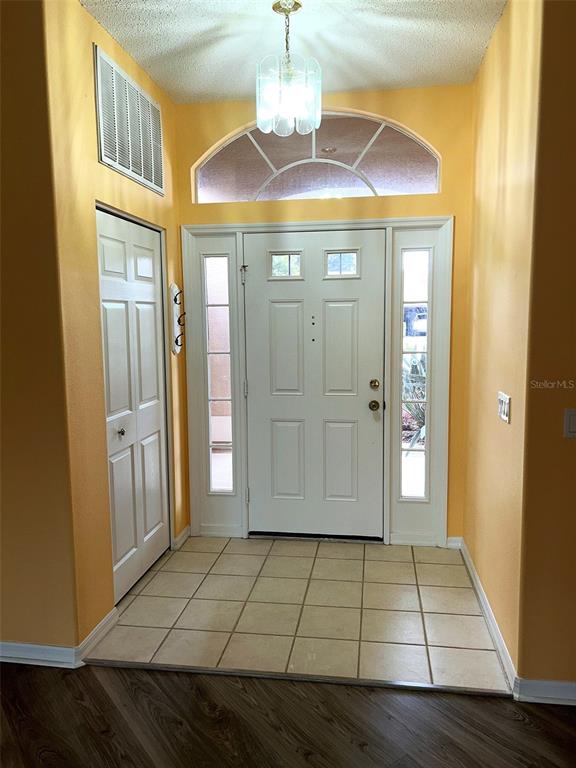 An entryway features a white front door with sidelights, tile flooring, and a hanging light fixture — 18702 BELLEVISTA COURT, HUDSON, FL