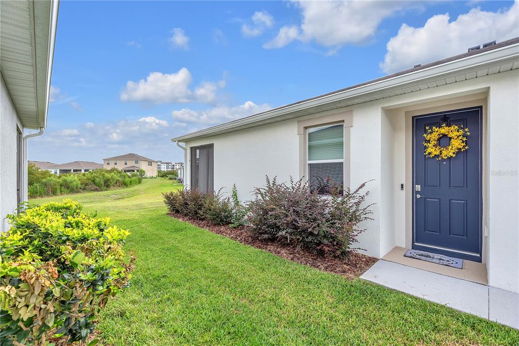 A side view of a house exterior featuring a blue front door and landscaping — 32313 LEXINGTON STREET, WESLEY CHAPEL, FL